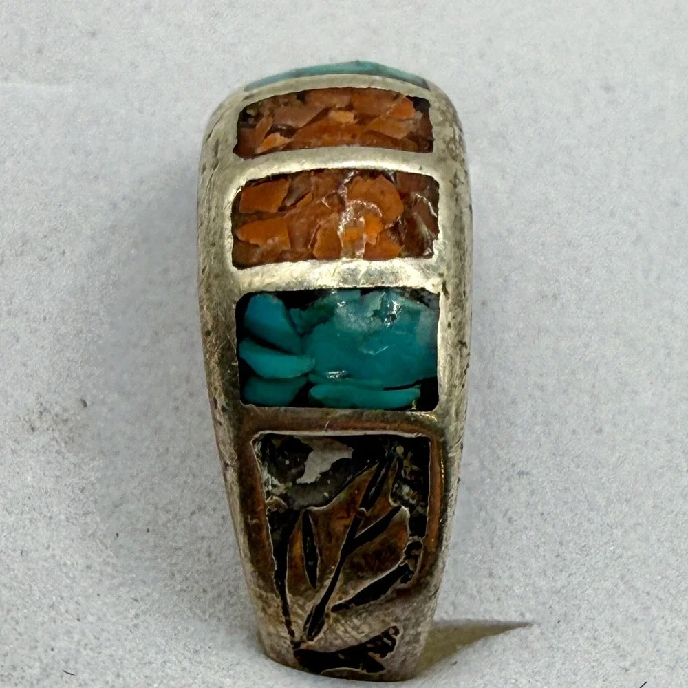 VTG Sterling Silver Turquoise Coral Inlay Native‎ American Ring Sz 8.25 Broken